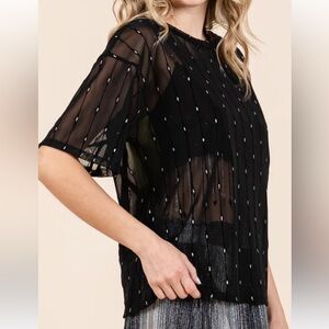 GeeGee Round Neck Drop Shoulder Mesh Glitter Top